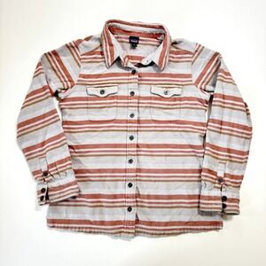 Patagonia Cotton Flannel Shirt Womens Grey‎ Orange Horizontal Striped Size 6